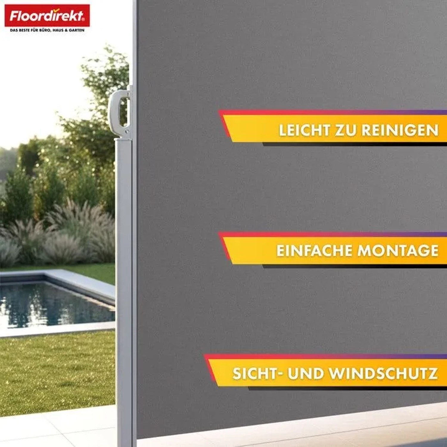 Ausgezogene, hellgraue Floordirekt Seitenmarkise aus Aluminium als Sicht- und Windschutz.