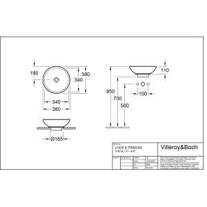 Technische Zeichnung: Villeroy & Boch Loop & Friends Aufsatzwaschbecken, 38 cm, Alpinweiß, Maße und Details.