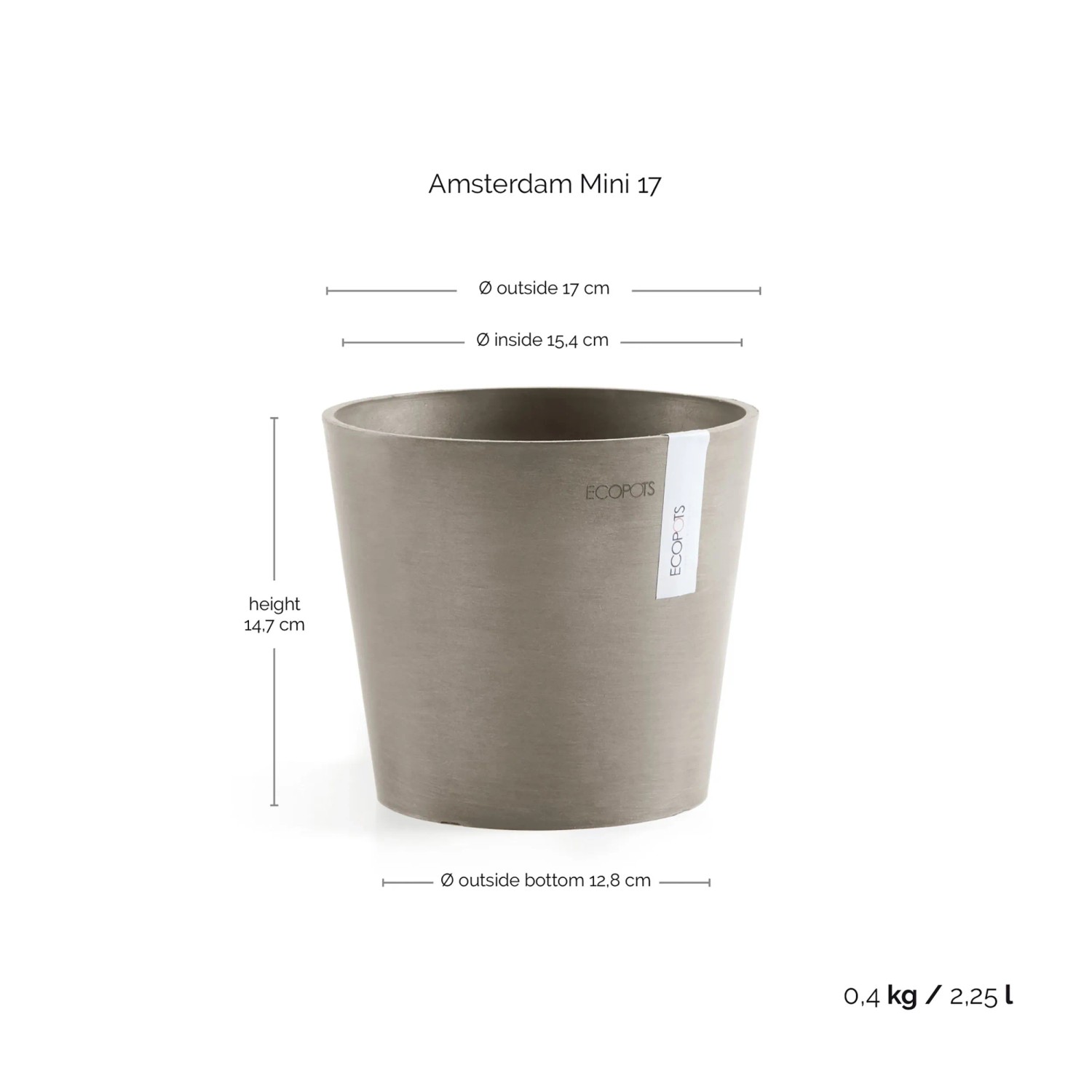 Ecopots Pflanztopf Amsterdam Mini, taupe, 17 cm. Skandinavisches Design für Innen und Außen.