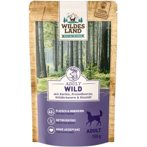 Wildes Land Hunde-Nassfutter Adult Wild mit Kürbis, 150g Packung. Getreidefrei, hoher Fleischanteil.
