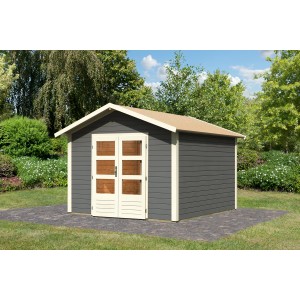 Karibu Holz-Gartenhaus Tessin 2, terragrau, 300x300 cm mit Doppeltür und Boden.
