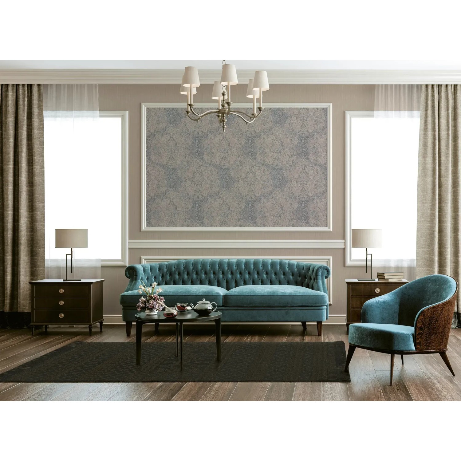 Wohnraum mit Barock Vliestapete in Beige und Blau. Dekorative Tapete im Vintage-Stil.