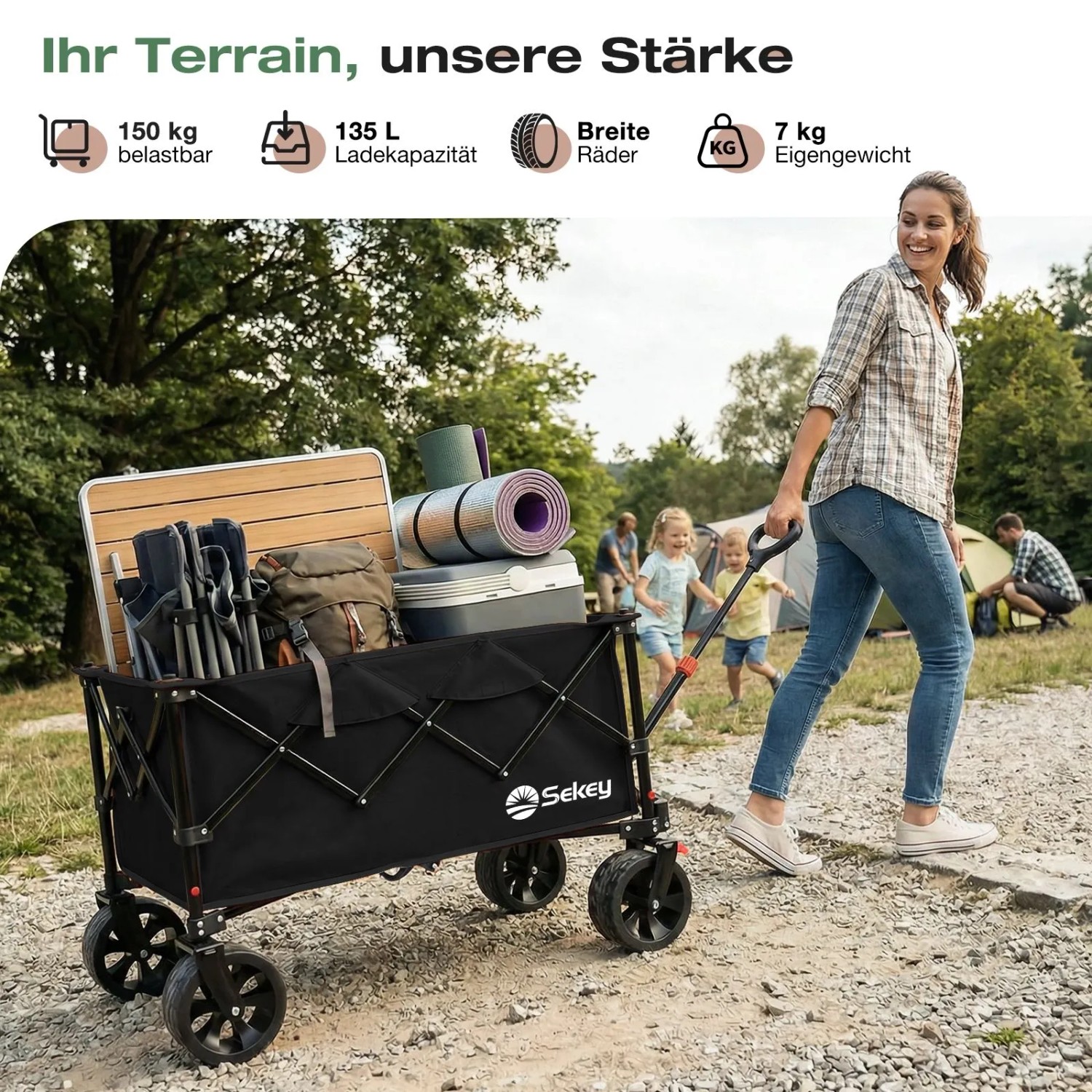 Sekey Campingwagen, faltbarer Bollerwagen mit breiten Reifen, beladen mit Campingausrüstung.