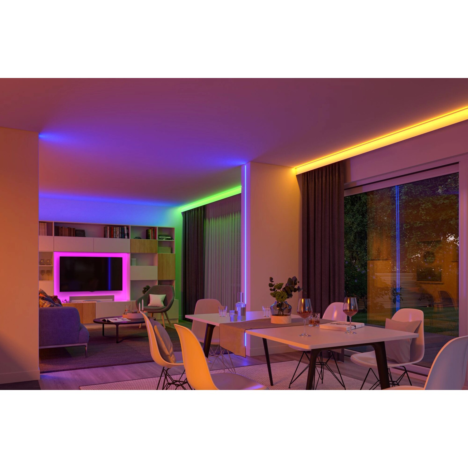 Wohnraum mit Paulmann LED-Strip RGBW SimpLED, der farbige Lichtakzente setzt.