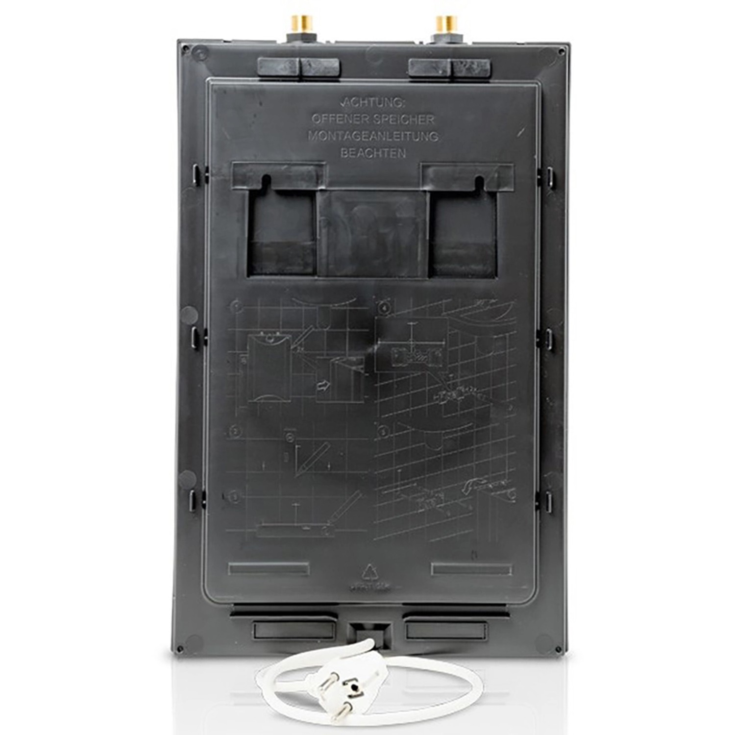 Rückansicht Bosch Tronic Store Advanced 5 l Kleinspeicher mit Montagehinweisen und Stecker.