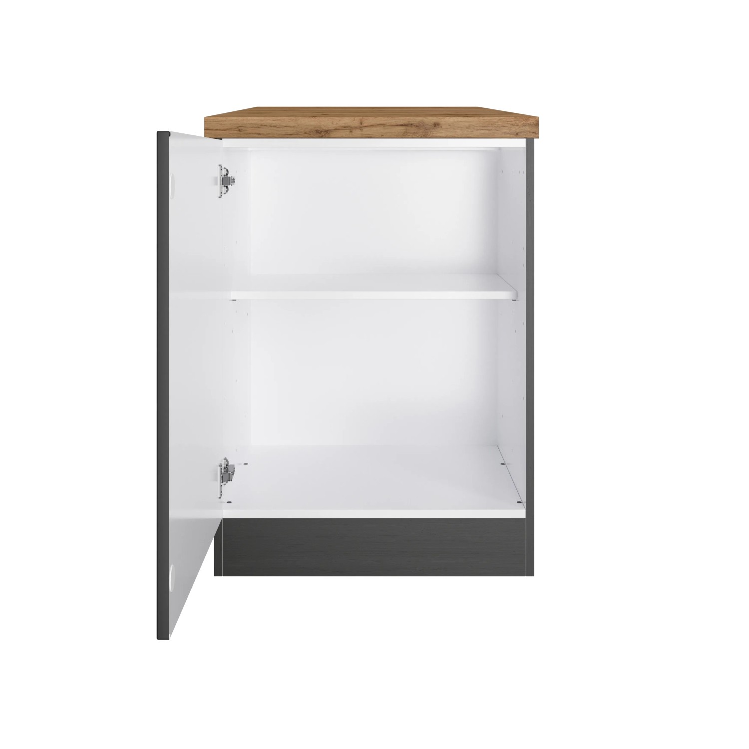 Held Küchen Unterschrank Kempten, 60 cm, grau/graphit, mit offener Tür und Einlegeböden.