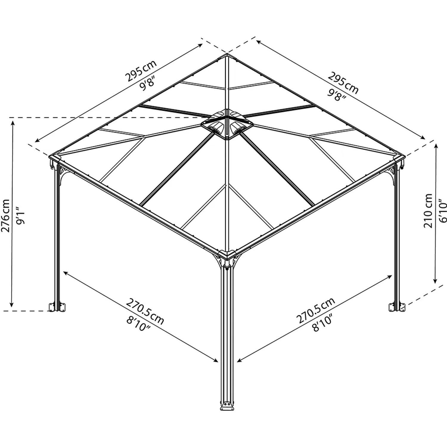 Technische Zeichnung: Palram Canopia Palermo 3x3 Gartenpavillon in Anthrazit mit Maßen.