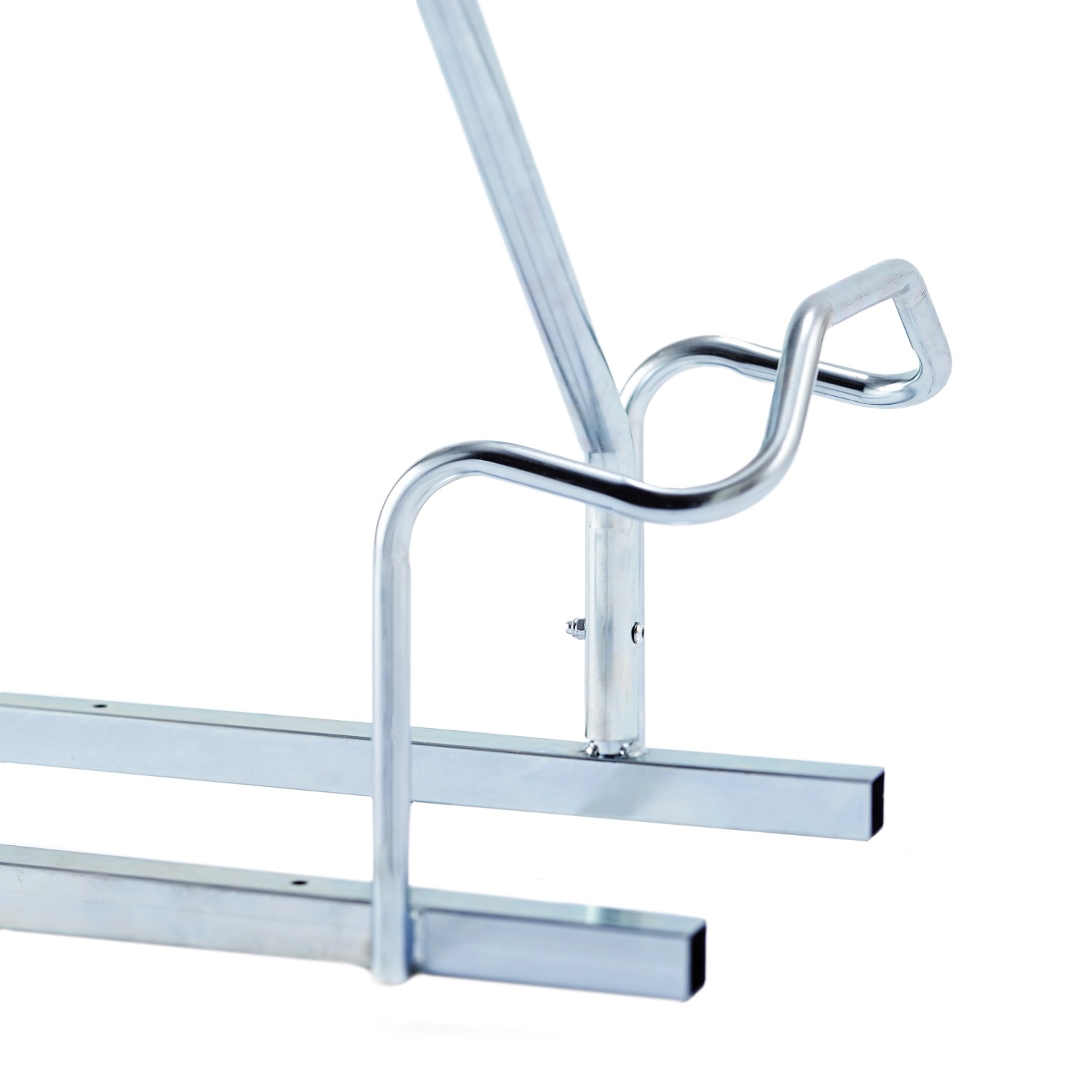 Mottez Fahrradständer Basismodell für 2 Fahrräder, silberner Stahl, Detailansicht.