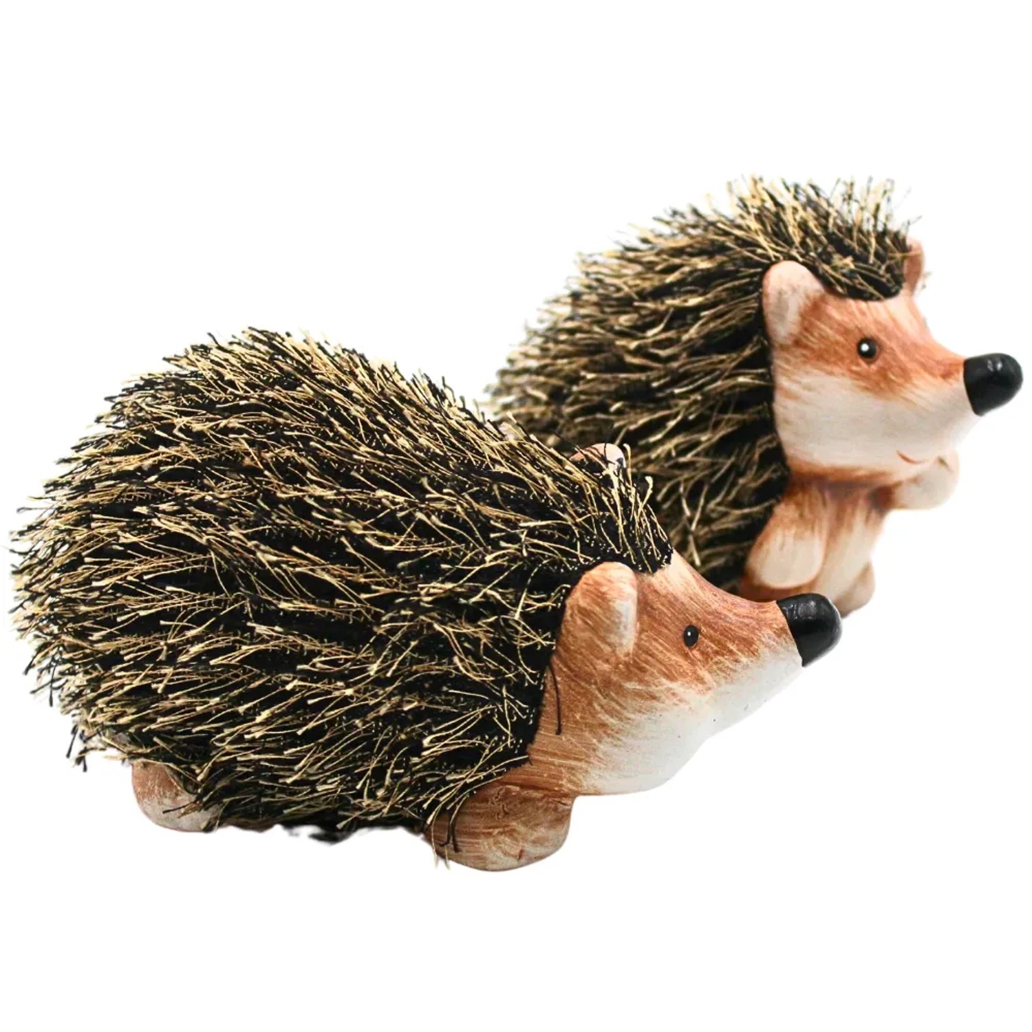 2er Set Deko Igel aus Keramik mit Fell, braune Gartenfiguren für den Außenbereich.