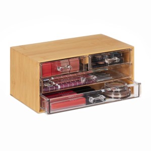 Relaxdays Make Up Organizer Bambus Natur Transparent mit 4 Schubladen 11 cm x 23,5 cm x 15 cm 0,9 kg