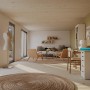 Innenansicht Palmako Holz-Gartenhaus mit Satteldach, unbehandelt, als Wohnraum eingerichtet.