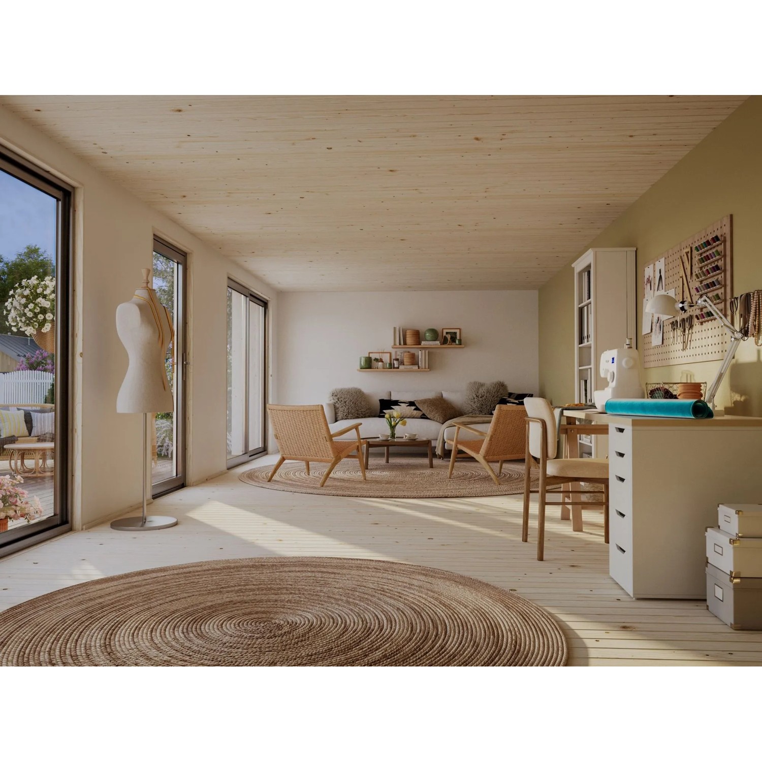 Innenansicht Palmako Holz-Gartenhaus mit Satteldach, unbehandelt, als Wohnraum eingerichtet.