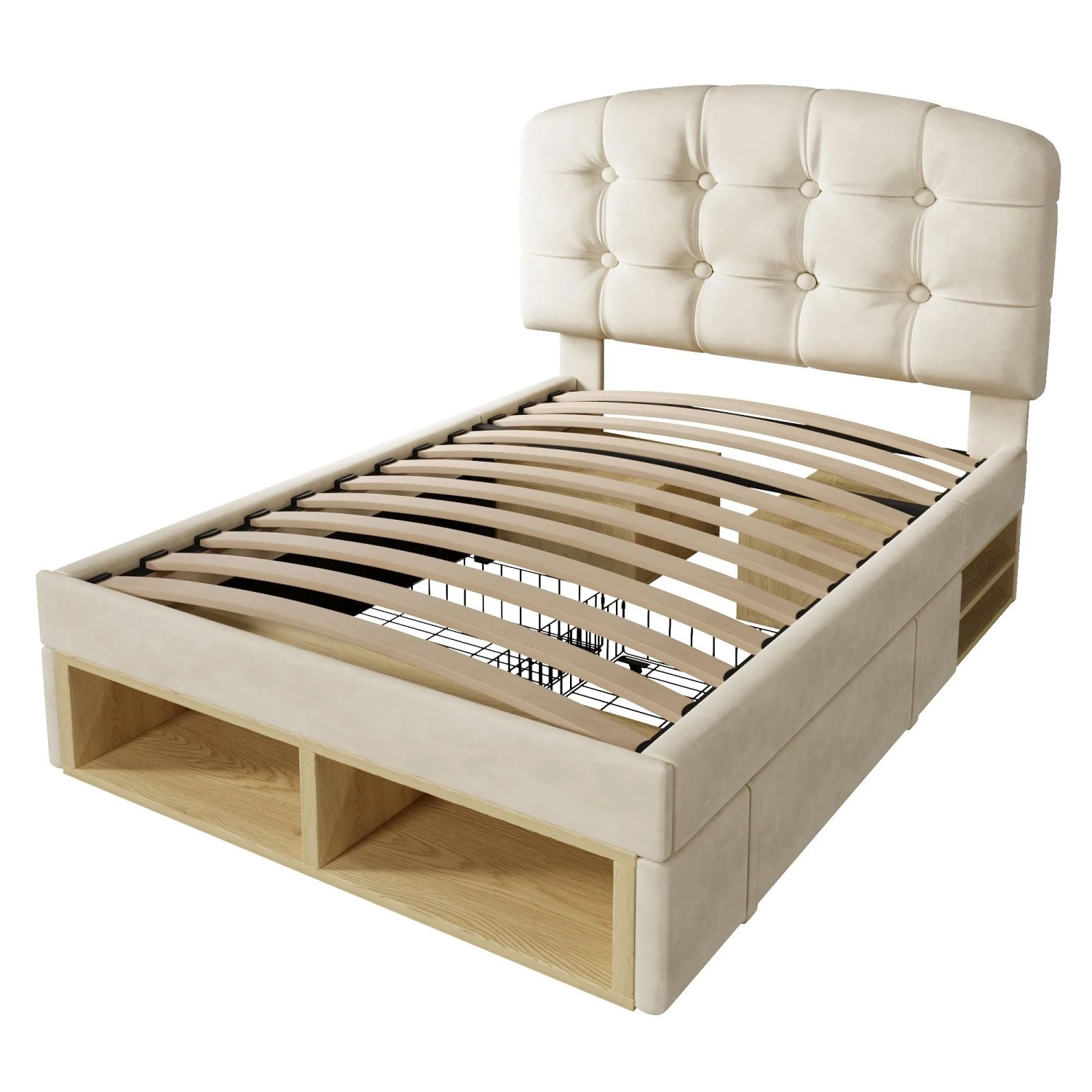 Merax Einzelbett 90x200 cm Polsterbett Samt Beige Stauraum