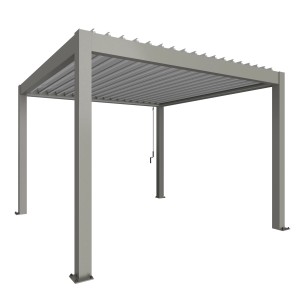 Biohort Pergola in Quarzgrau/Silber-Metallic, eine moderne Terrassenüberdachung mit Lamellen.