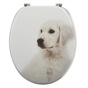 MSV WC-Sitz Scott mit Hunde-Motiv in Weiß-Beige, MDF, 42,5x36,5x5cm.