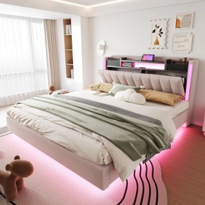 Beiges Polsterbett 160x200 mit LED und USB, Stauraum im Kopfteil, ohne Matratze.