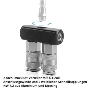STAHLWERK 2-fach Druckluft-Verteiler aus Aluminium/Messing mit 1/4 Zoll Anschlussgewinde und zwei Schnellkupplungen.