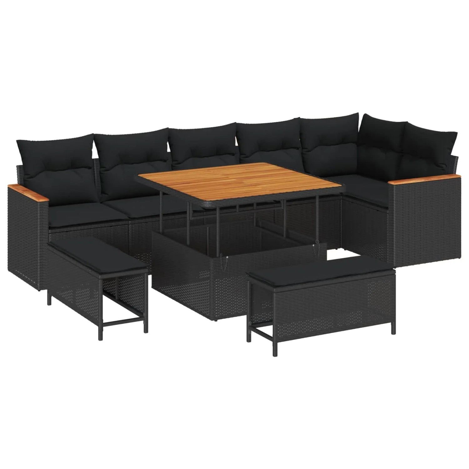vidaXL Gartensofa-Set mit Kissen 9 Stk Schwarz Poly Rattan 3365004