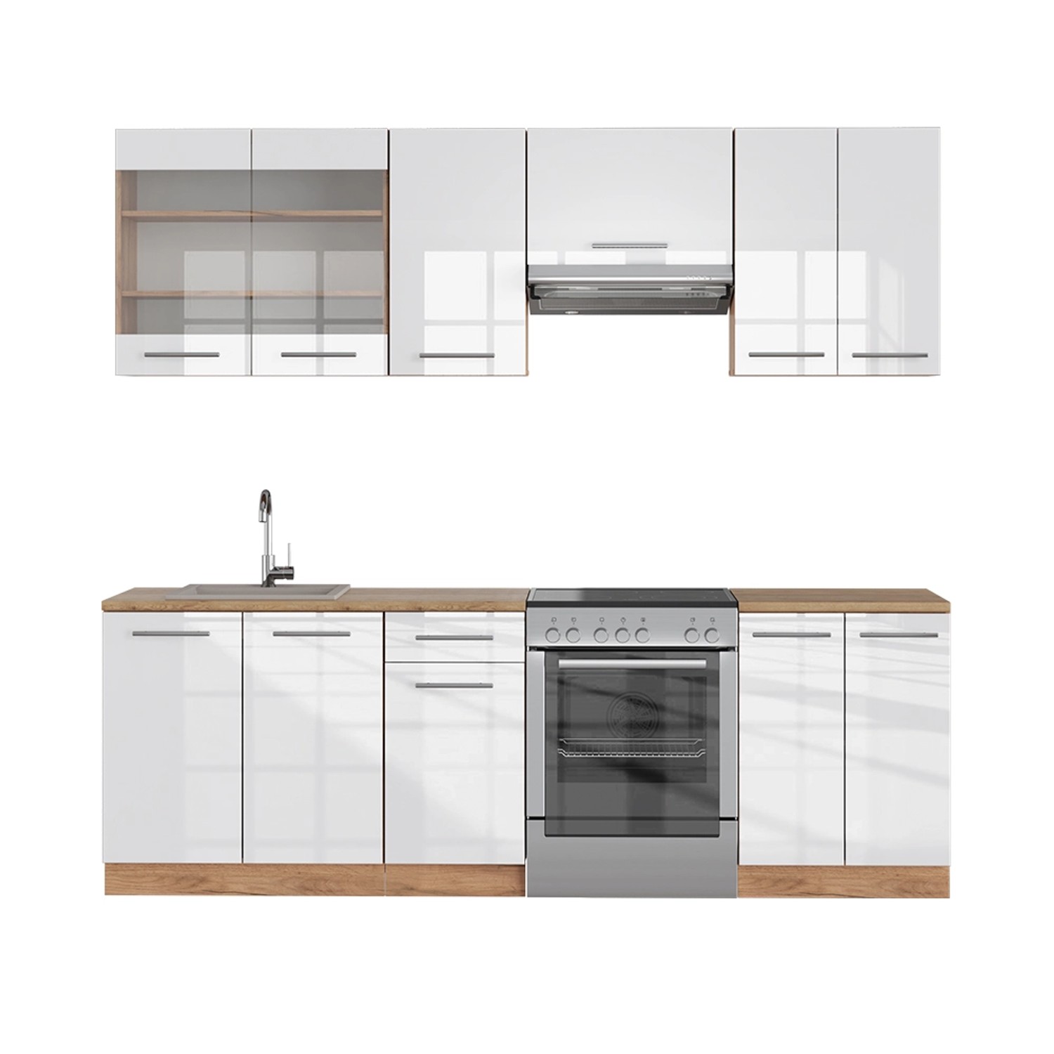 Vicco Fame-Line Küchenzeile Weiß Hochglanz/Goldkraft Eiche 240 cm ohne Arbe günstig online kaufen