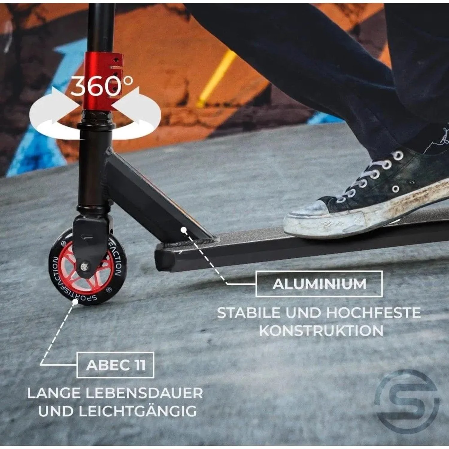 Roter Sportisfaction Stuntscooter mit ABEC11 Kugellager und 4-fach Klemme, belastbar bis 100kg.