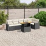 Schwarze 7-tlg. vidaXL Garten-Sofagarnitur aus Poly Rattan mit cremefarbenen Kissen und höhenverstellbarem Tisch.