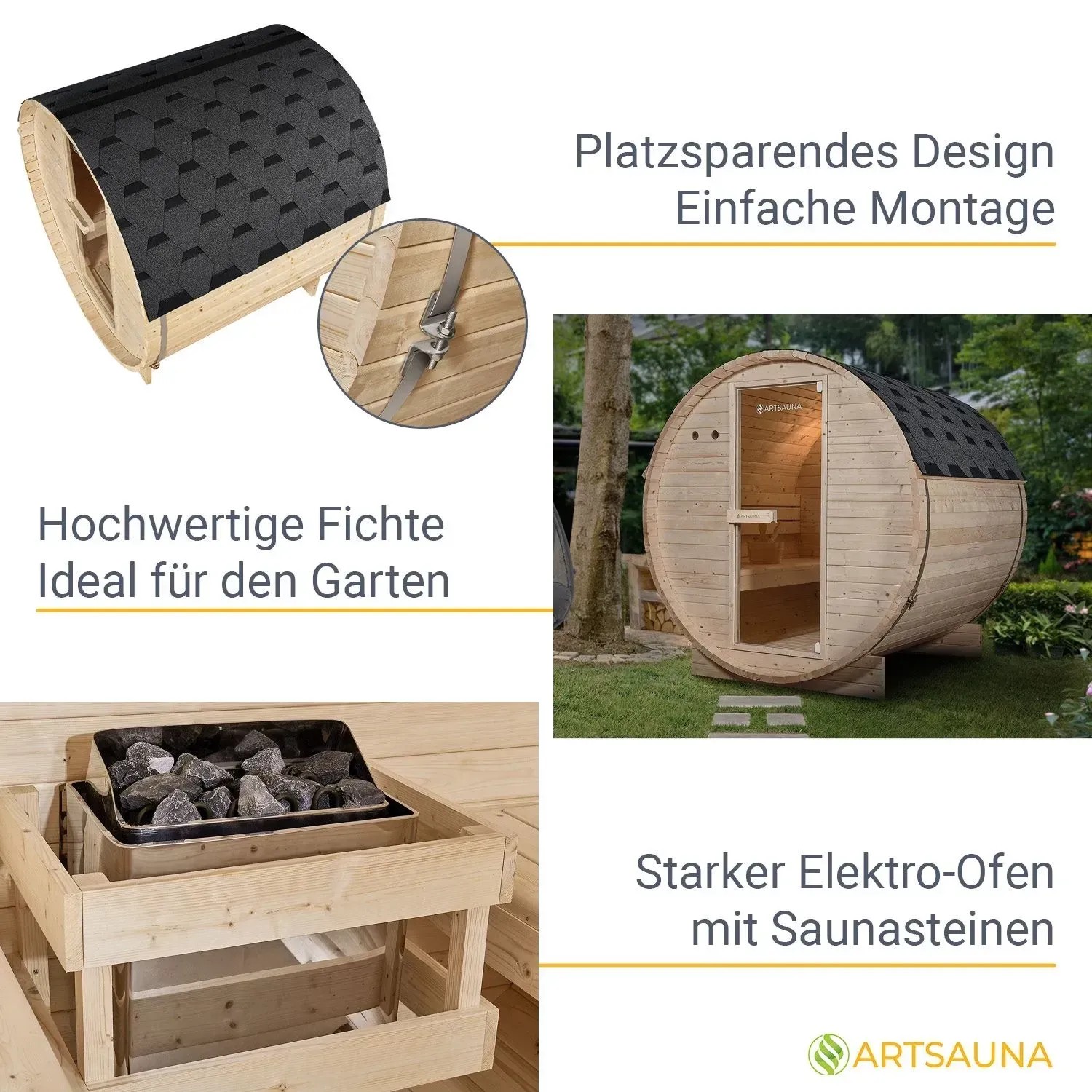 Artsauna Fasssauna Spitzbergen für 4 Personen mit 6 kW Ofen aus Fichtenholz und Bitumendach.