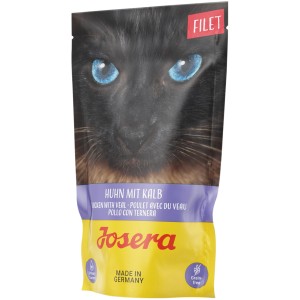 Josera Katzen-Nassfutter Filet Huhn mit Kalb, 70g Beutel mit Katzenmotiv.