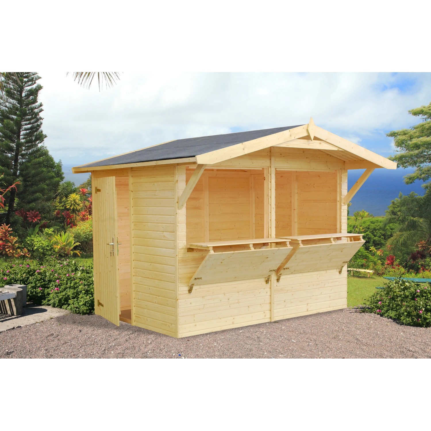 Palmako Marktstand Stella aus Holz mit ausklappbarer Theke und Tür. Ideal als Verkaufshaus.