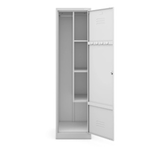 Offener, grauer JAN NOWAK Besenschrank AGNES (185x50x50 cm) mit Fachböden und Kleiderstange.