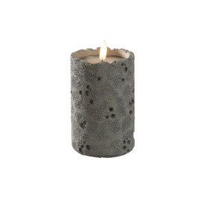 Graue LED Kerze in Betonoptik, 12cm hoch, mit warmweißer, flackernder Flamme für Innen.