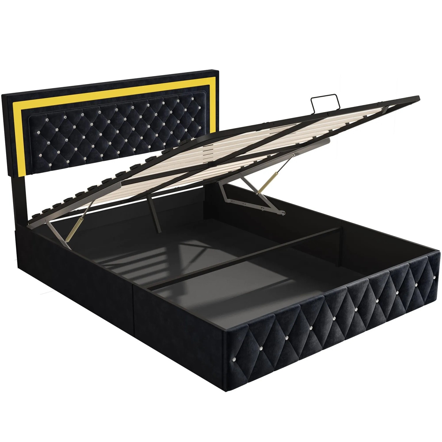 PXloue Bettgestell 180x200cm in Schwarz mit Höhenverstellbares Kopfteil Stauraum LED Polsterbett