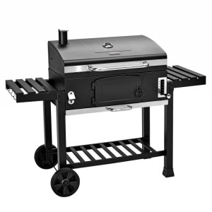Schwarzer Taino Hero XXL Smoker Holzkohlegrill mit Seitenablagen, Rädern und integriertem Thermometer.