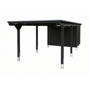 Anthrazitfarbener Skan Holz Carport Emsland mit Flachdach, EPDM-Dach und integriertem Abstellraum aus Leimholz.