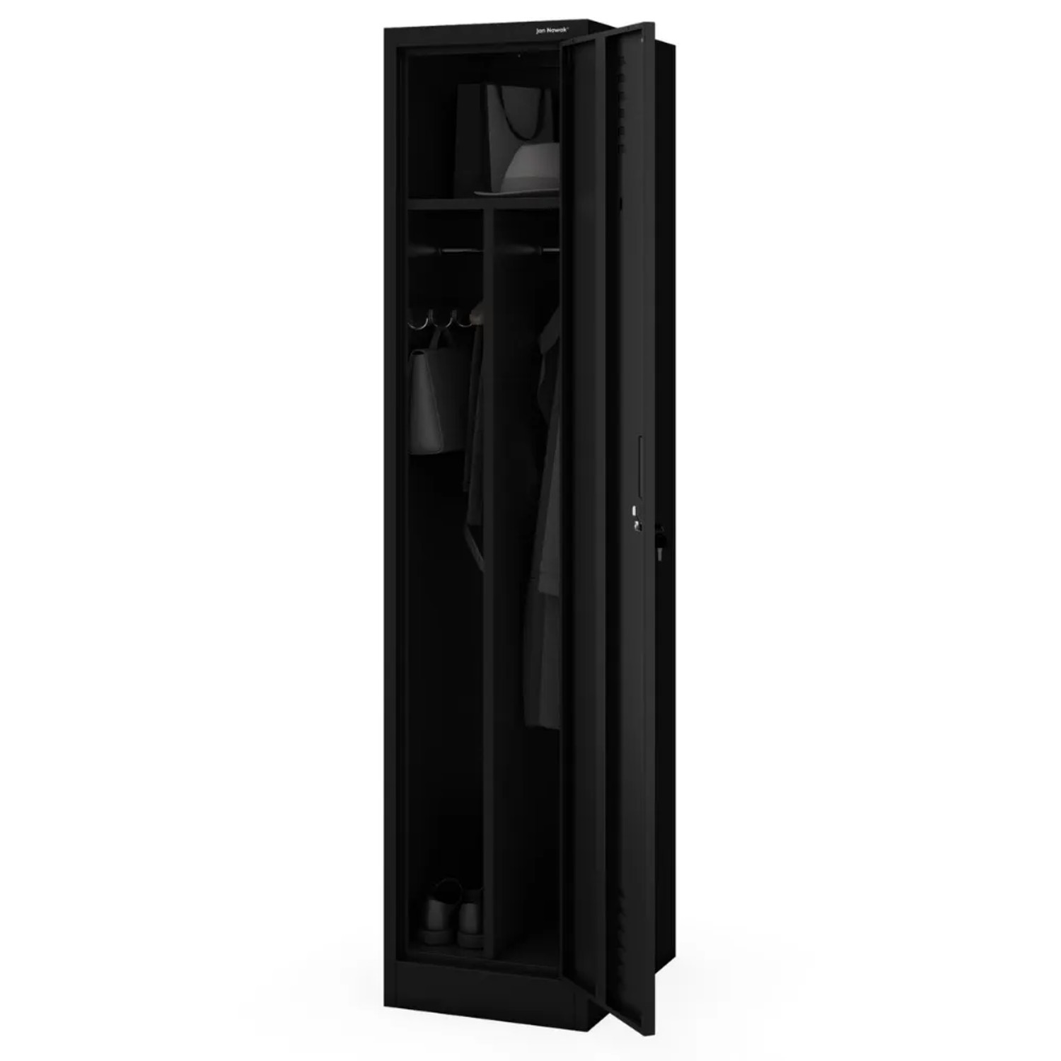 JAN NOWAK Umkleideschrank Spind KACPER 1 Abteil Etikettenhalter Lüftungsschlitze Umkleidespind Metall Schließfachschrank 180x40x50cm Schwarz