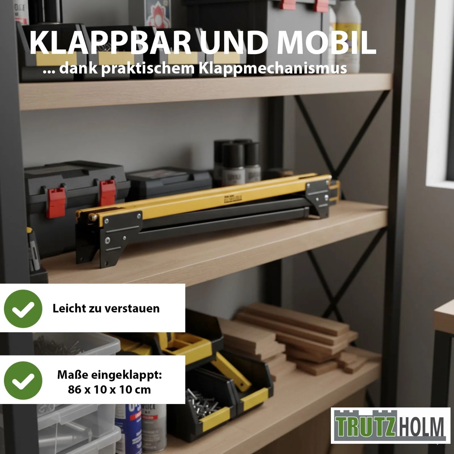 Zusammengeklappter, gelb-schwarzer TRUTZHOLM Arbeitsbock aus Stahl im Regal. Werkstatteinrichtung.