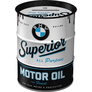 Nostalgic-Art Spardose im Ölfass-Design mit BMW Superior Motor Oil Motiv, aus Stahlblech.