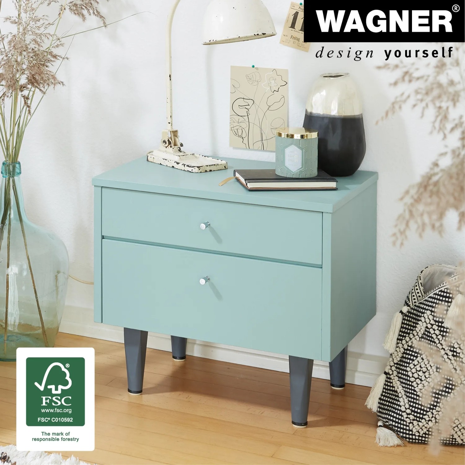 Nachttisch mit grauen Wagner Möbelbeinen Wood V1 aus Kiefernholz (FSC®).