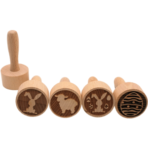 5er Set Holzstempel mit Ostermotiven: Hase, Schaf, Ostereier. Ideal für Teig, Kekse und Basteln in der Küche.