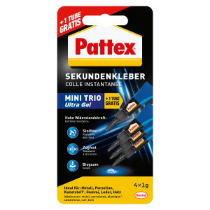 Pattex Sekundenkleber Ultra Gel Mini-Trio, 3 Tuben à 1g. Flexibler Superkleber für Sofortreparaturen.