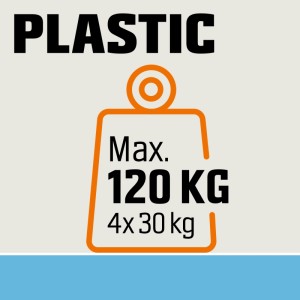 OBI Kunststoff-Steckregal: Symbol für max. 120 kg Gesamttragkraft (4x 30 kg pro Boden). Ideal für Feuchträume.