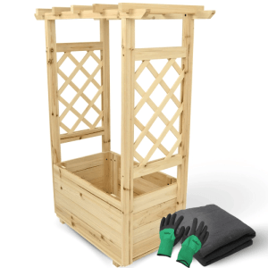 DELUKE Hochbeet mit Rankgitter THAO mit Vlies Handschuhe Pflanzkasten mit Rankhilfe Blumenkasten für Kletterpflanzen 58cm Breit