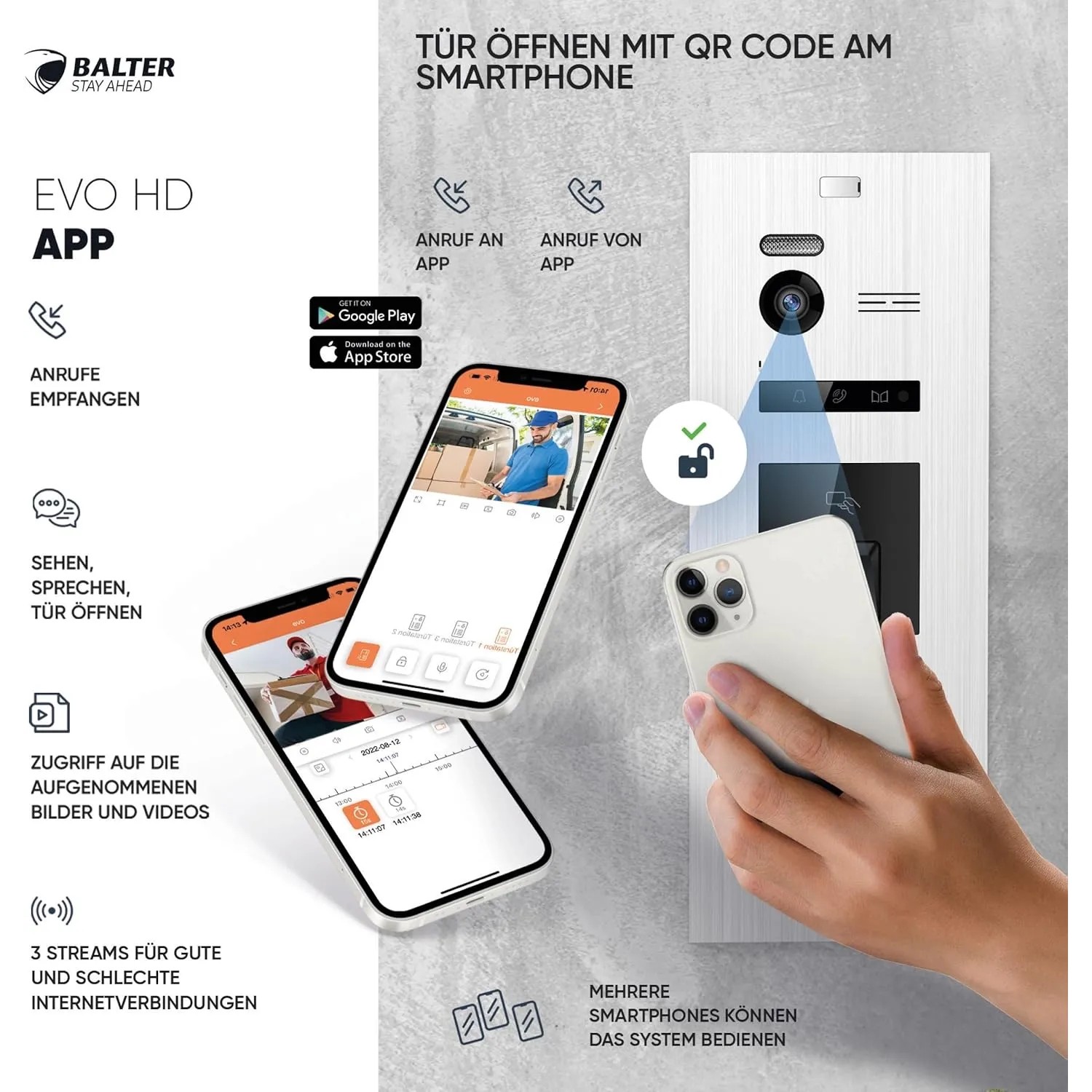Balter EVO-HD Video-Türsprechanlage mit App-Steuerung. Smartphone zeigt Live-Video und Türöffnung.