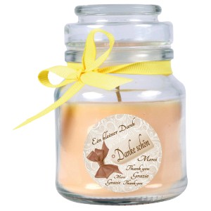HS Candle Duftkerze Danke Gelb Vanille im Glas mit Schleife.