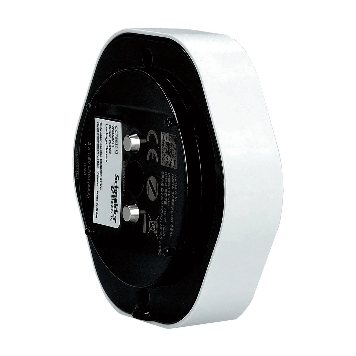 Schneider Electric Wiser Wassersensor, ein Smart Home Sensor in Weiß, Nahansicht.