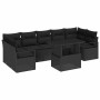 Schwarzes 8-teiliges Garten-Sofa-Set aus Poly Rattan mit Tisch und Auflagen.