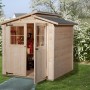 Weka Holz-Gartenhaus 323 mit versetztem Satteldach, unbehandelt, mit offener Doppeltür.
