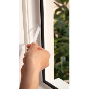 Anbringen des weißen tesa® Insect Stop Klett Fliegengitters am Fensterrahmen.