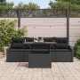 Schwarzes 5-teiliges vidaXL Garten-Sofa-Set aus Poly Rattan mit Tisch und Kissen.