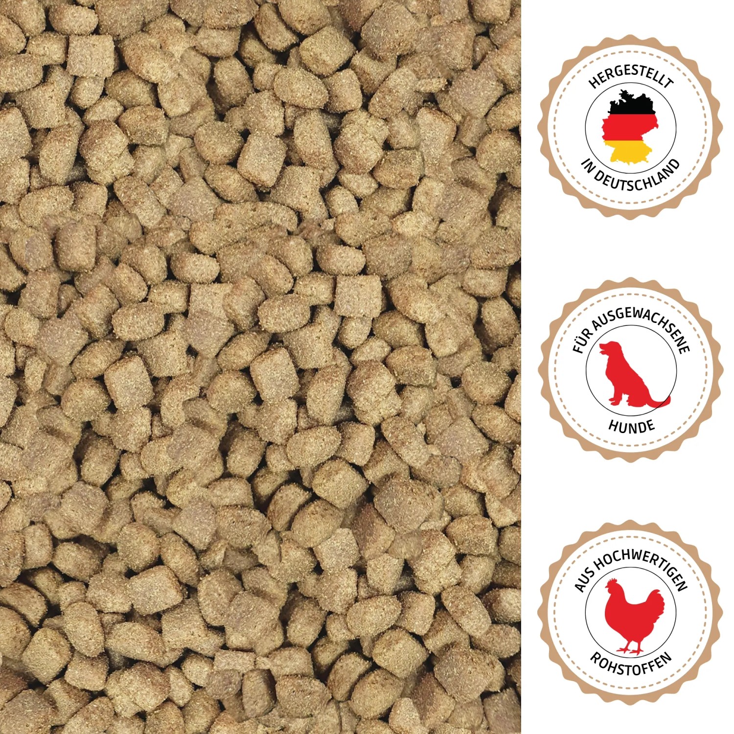 Supravit Hundetrockenfutter mit Huhn und Mais, braune Kroketten. Hergestellt in Deutschland für ausgewachsene Hunde.