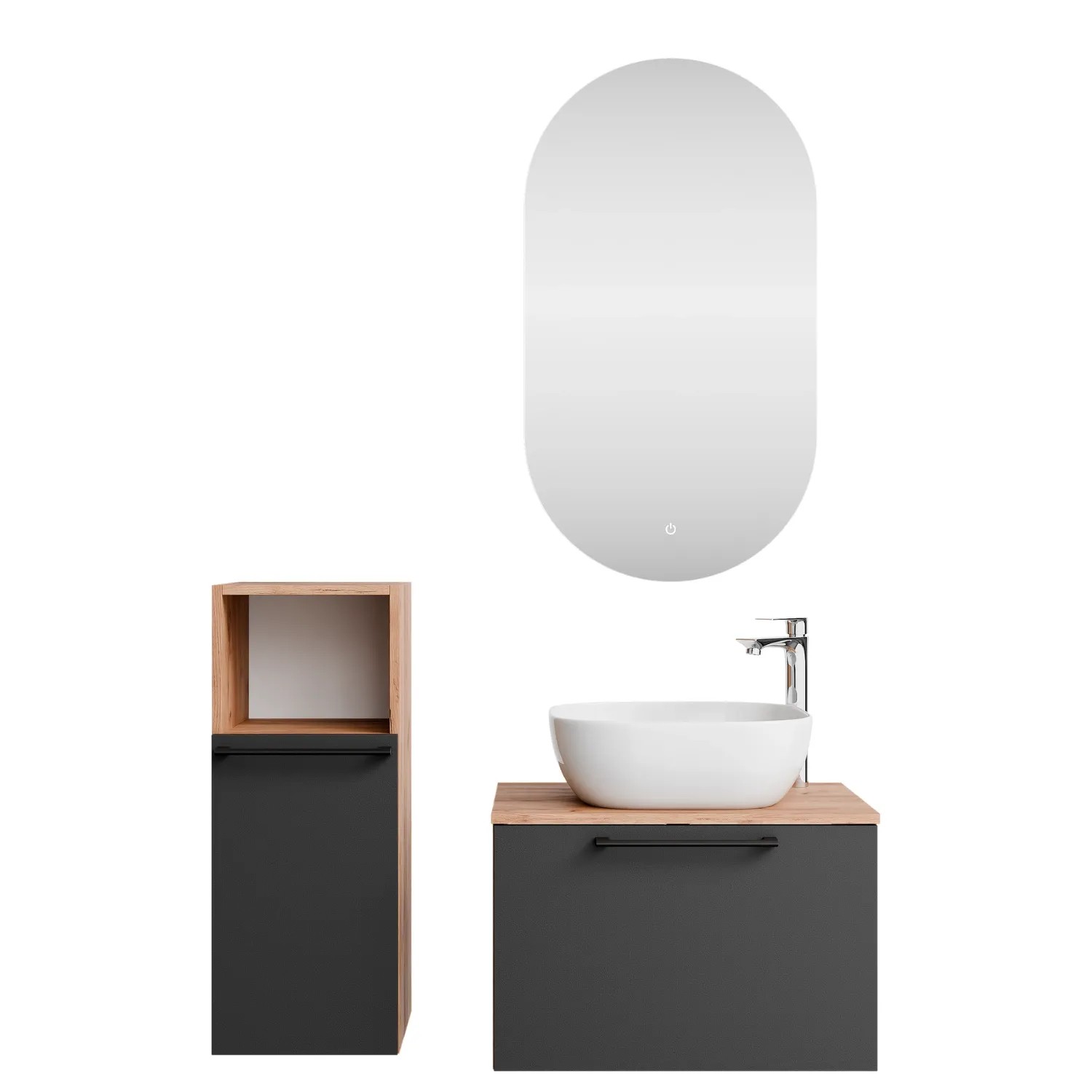 Planetmöbel ASTRA Badmöbel Set 60 cm mit Aufsatzwaschbecken 42,5 cm Weiß LED Spiegel Midischrank Soft Close